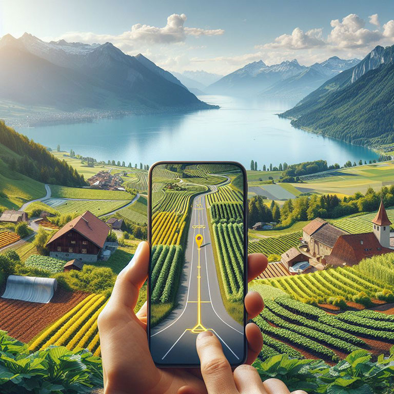 Smartphone mit Google-Maps-Route zu einer Verkaufsstelle auf dem Land